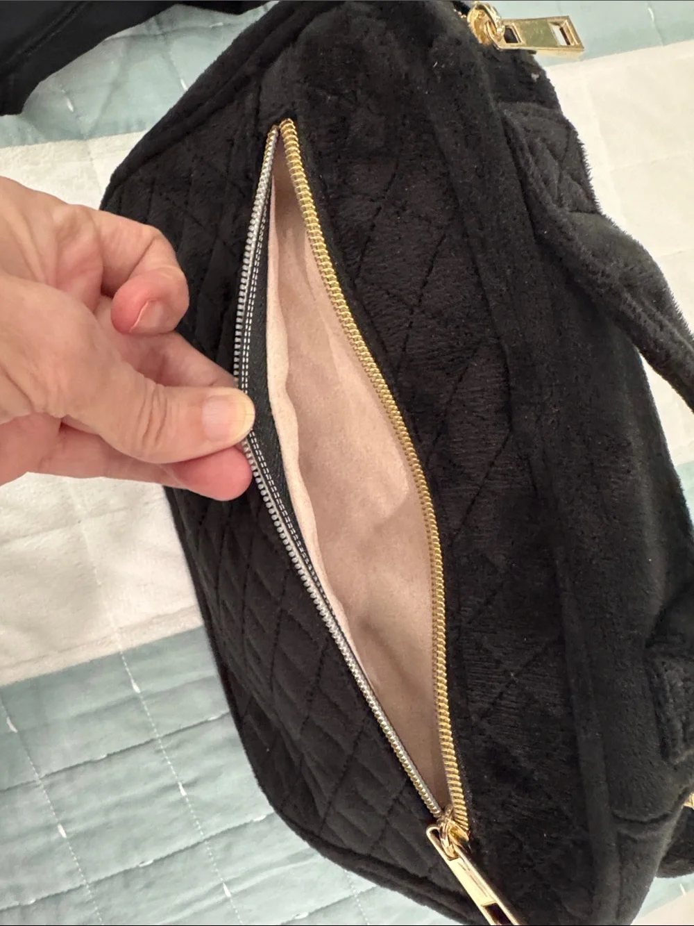 Quilted Black Jewelry Bag with Gold Zipper